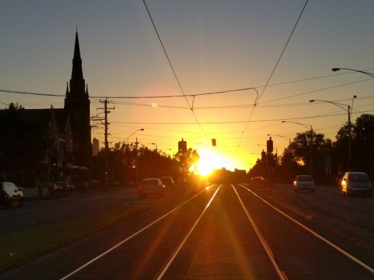 Queens Parade Clifton Hill, looking southwest at sunset, December 18, 2016